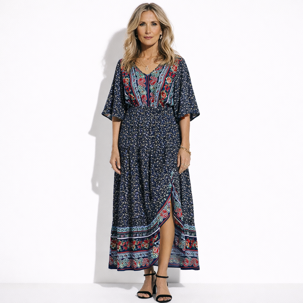 Lunea Mode® | Zahara - Bohemian Print V-Neck Maxi Dress