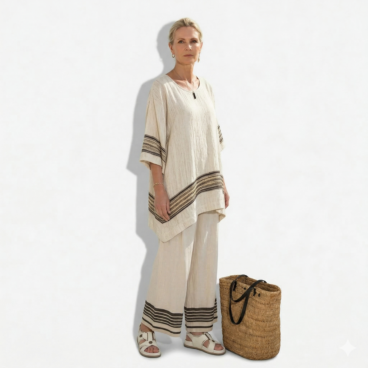 Lunea Mode® | The Harlow Elegant Black-Striped Linen Top & Flowing Pants