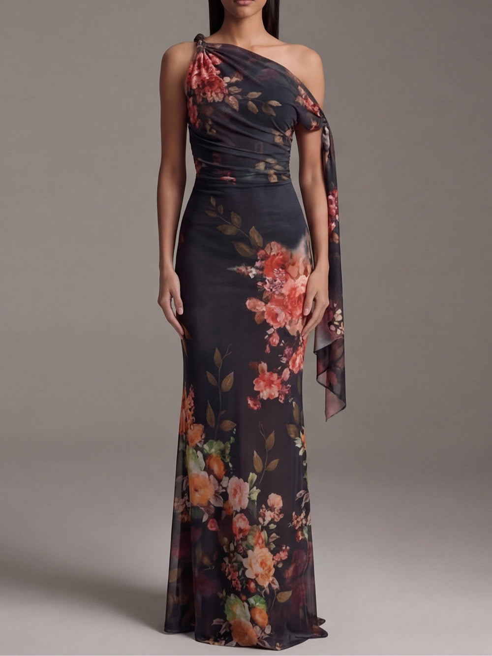 Black One-Shoulder Printed Pleated Chiffon Maxi Dress