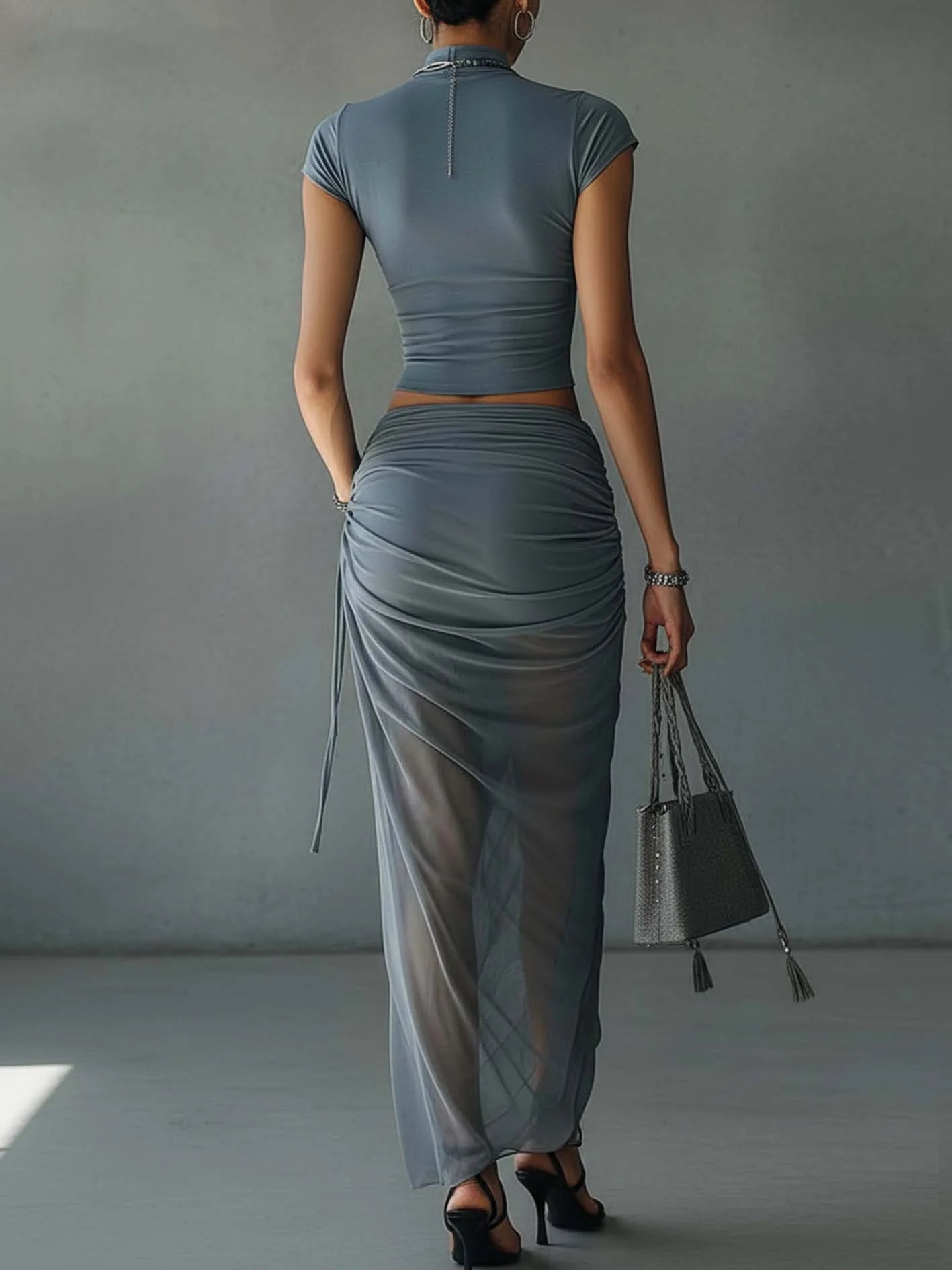 Blue Cropped T-Shirt and Sheer Mesh Draped Skirt Set