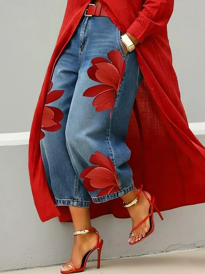 Maud - Linen Shirt Dress and Floral Jeans Set