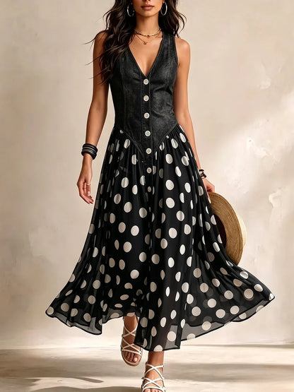 Adeline | Denim Polka Dot Maxi Dress