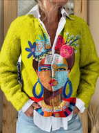 Sharon - Oil Painting Freda Portrait Art Printed Buttoned Cardigan Sweater