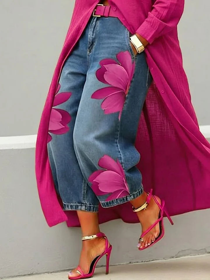 Maud - Linen Shirt Dress and Floral Jeans Set
