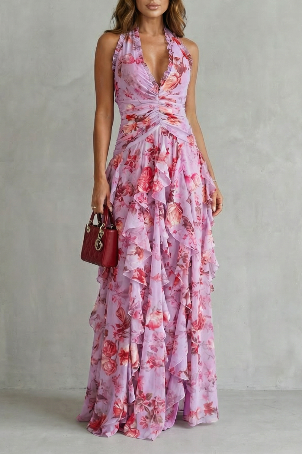 Belladina | Romantic Rose Cascade Halter Maxi Dress