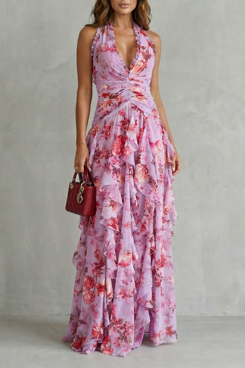 Belladina | Romantic Rose Cascade Halter Maxi Dress