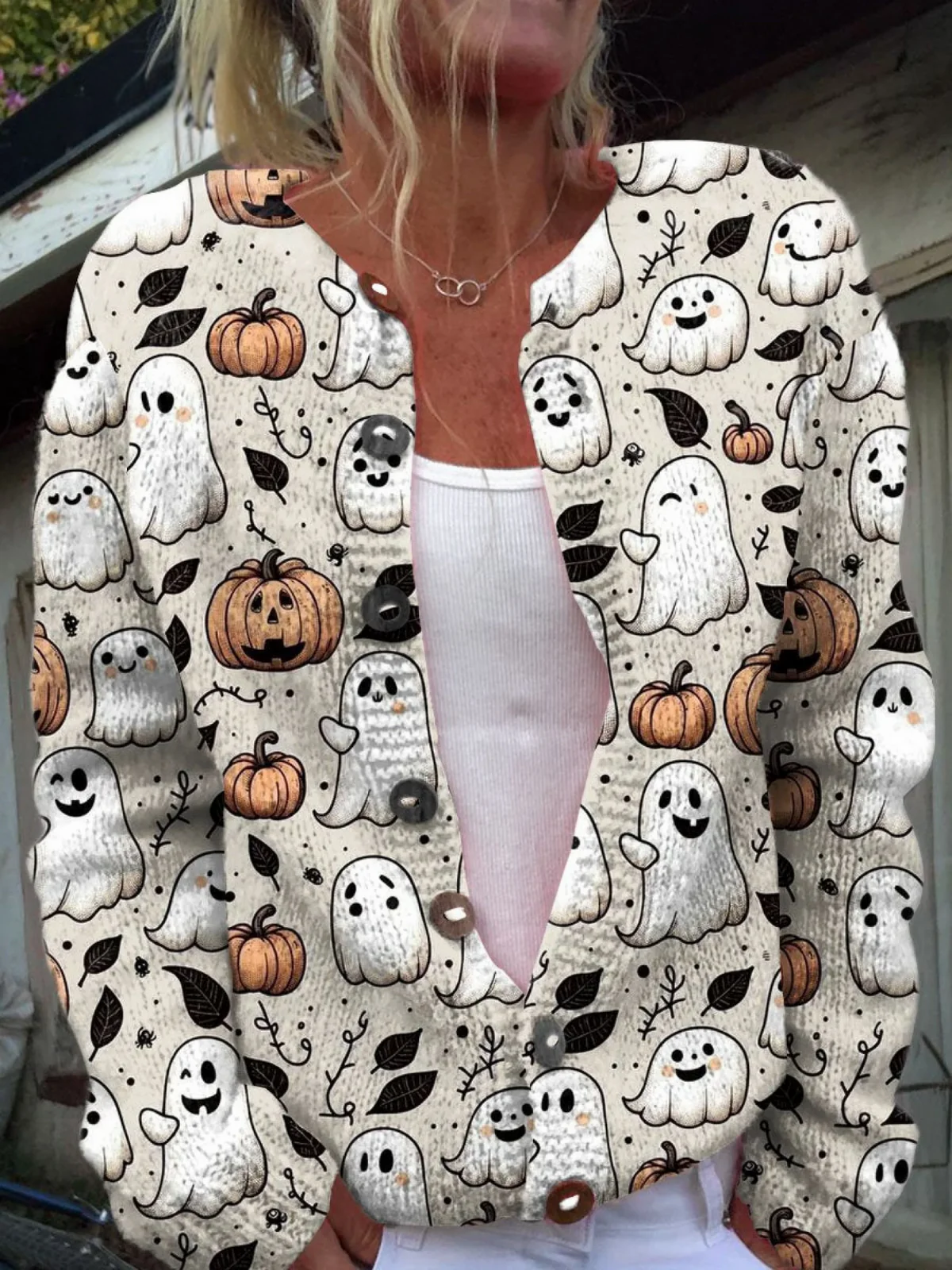 Laura - Funny Ghost Halloween Art Print Buttoned Cardigan Sweater