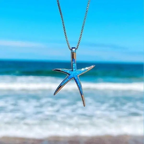 Silver Starfish Seahorse Pendant Necklace with Blue Opal