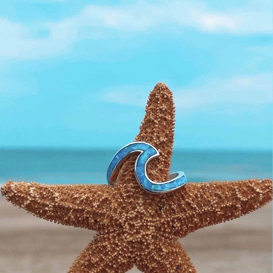 Wavy Silver Ring with Blue Opal