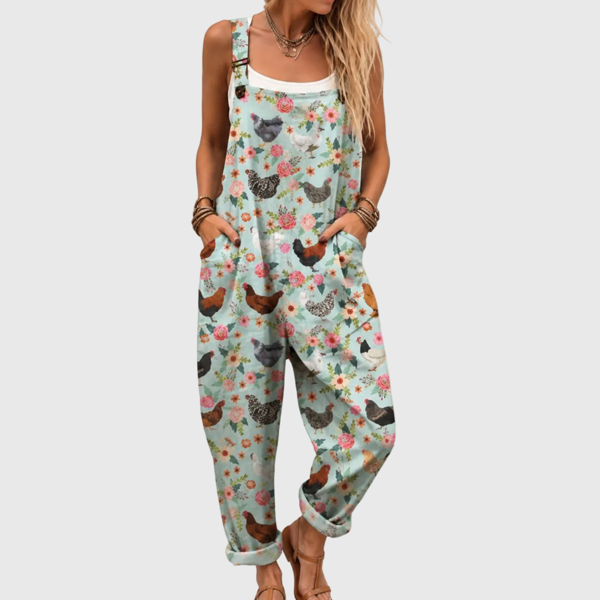 Floral Soft Jumpsuit with Chicken Pattern and Pockets