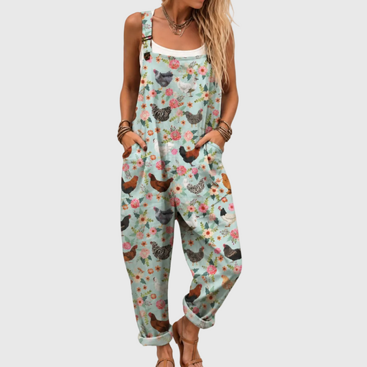 Floral Soft Jumpsuit with Chicken Pattern and Pockets