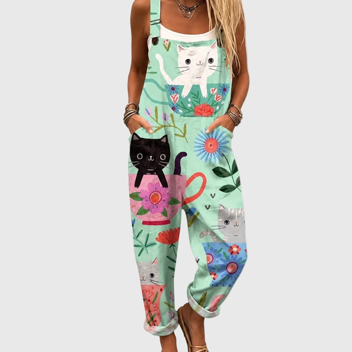 Soft Jumpsuit Cats and Flowers