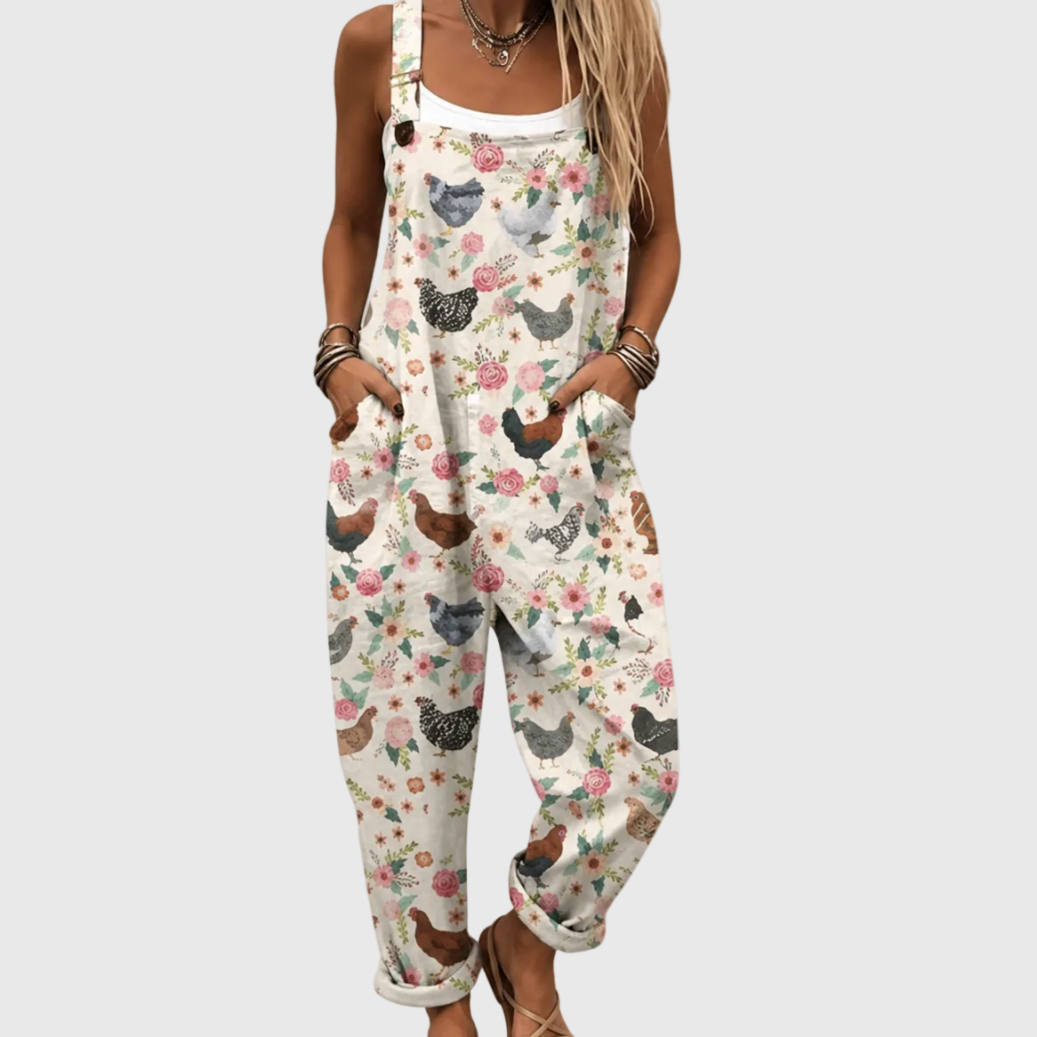 Soft Vintage Chickens and Flowers Jumpsuit
