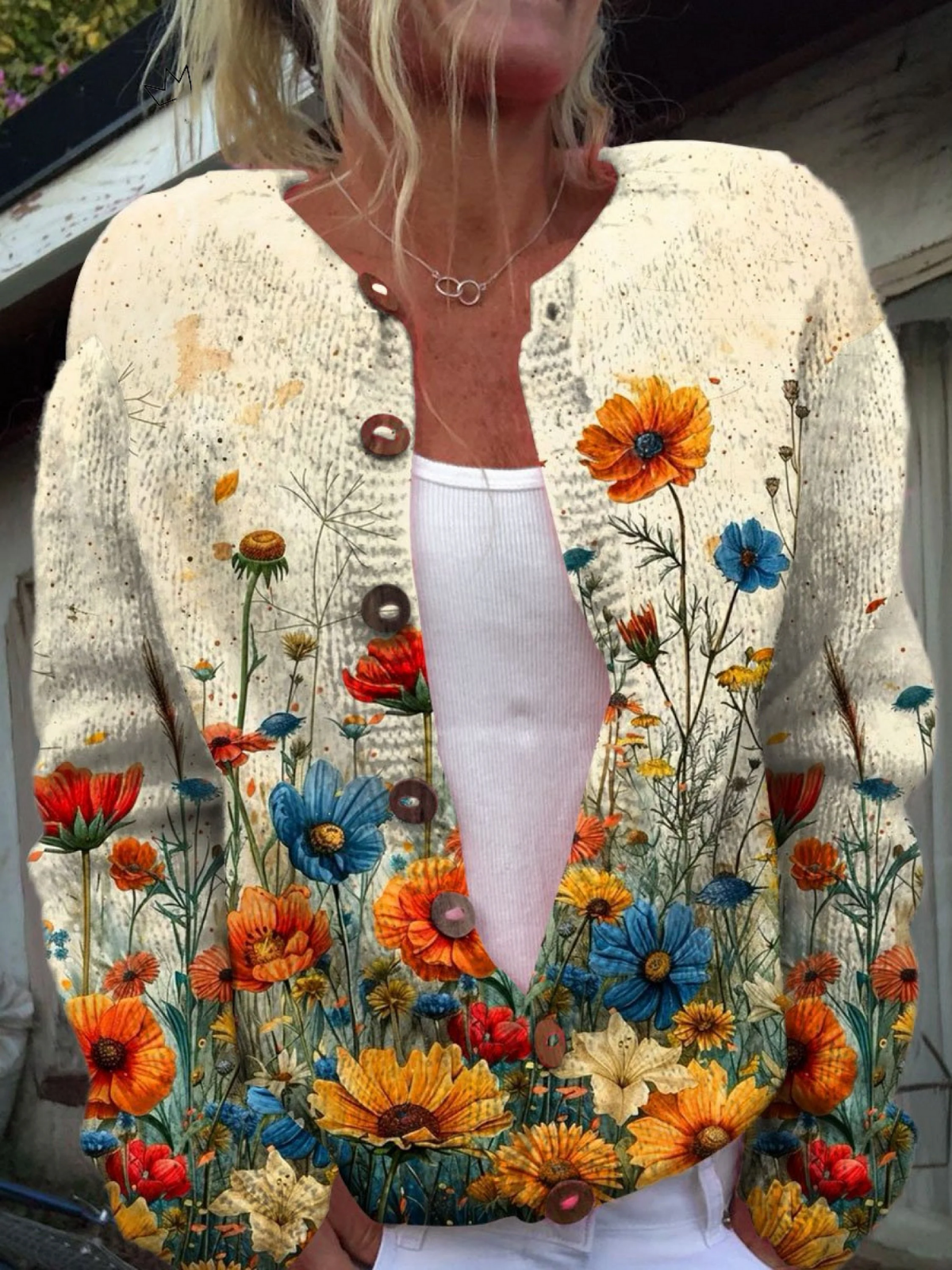 Nancy - Vintage Flower Art Print Buttoned Cardigan Sweater