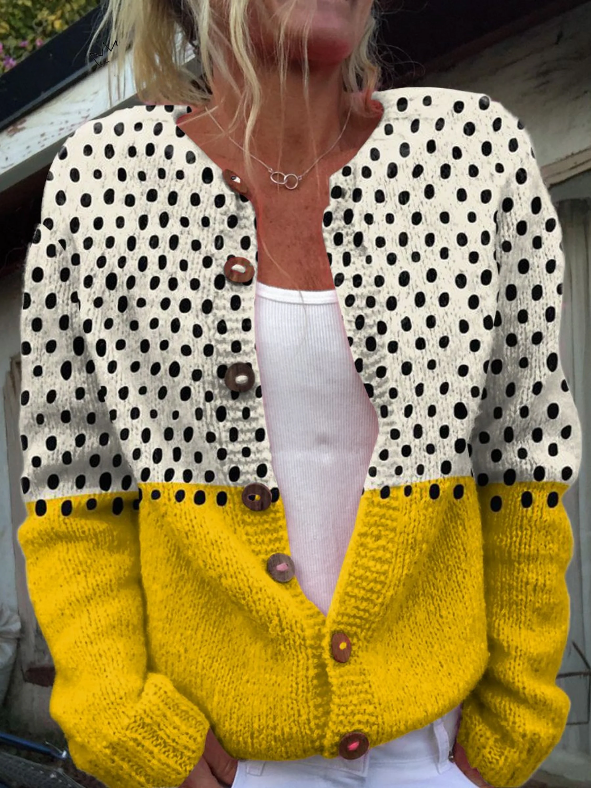 Linda - Yellow Geometric Polka Dots Print Buttoned Cardigan Sweater