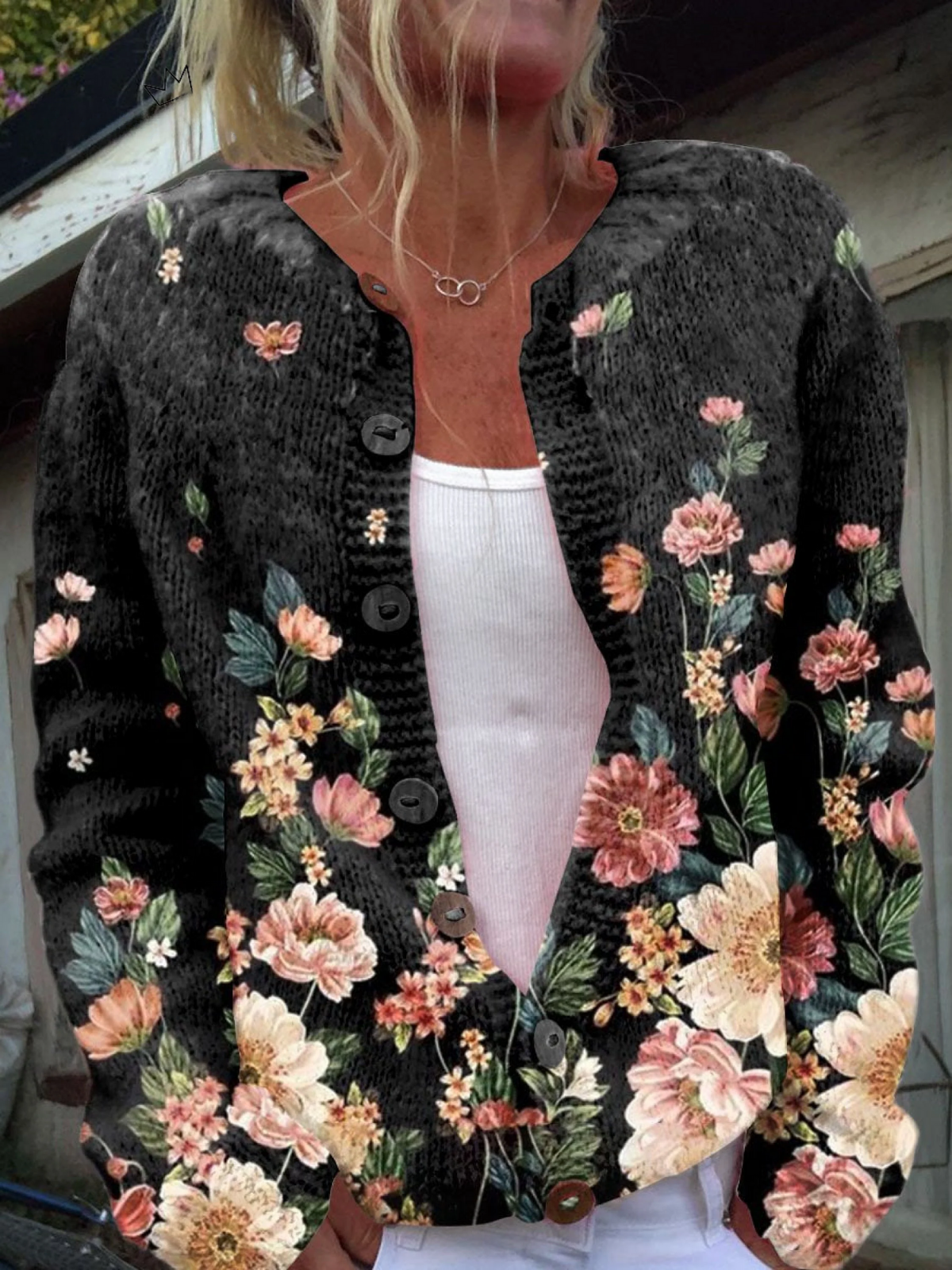 Kimberly - Floral Print Buttoned Casual Cardigan Sweater