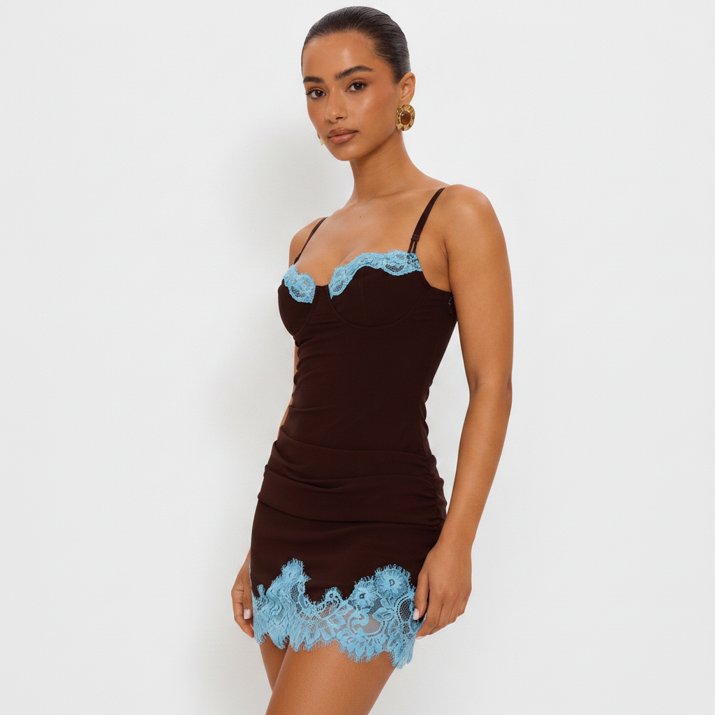 Hailey Brown Mini Dress With Blue Lace Trim