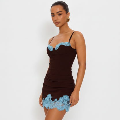 Hailey Brown Mini Dress With Blue Lace Trim