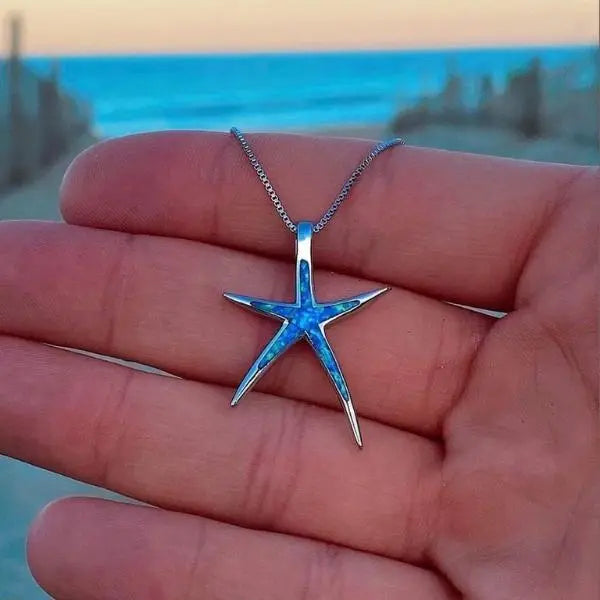 Silver Starfish Seahorse Pendant Necklace with Blue Opal