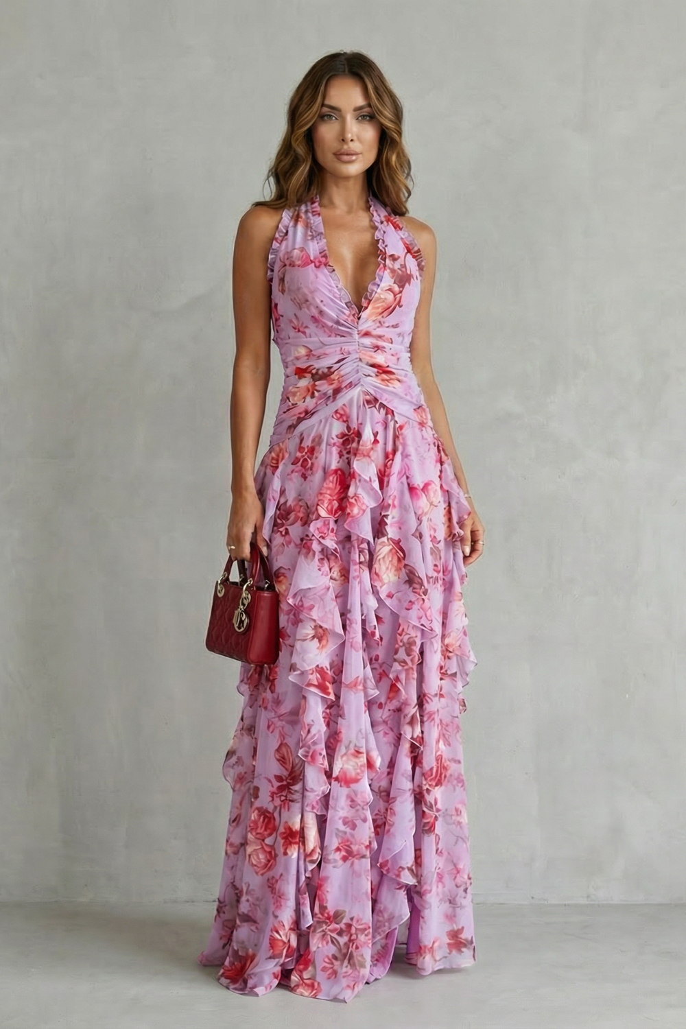 Belladina | Romantic Rose Cascade Halter Maxi Dress