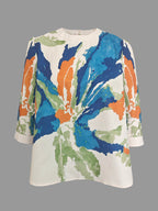 Half Sleeve Loose Buttoned Contrast Color Flower Print Round Neck T-Shirts Tops