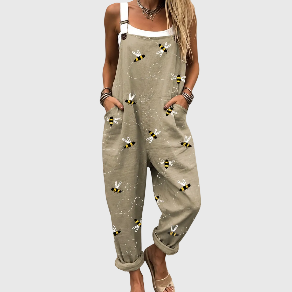 Relaxed Overalls with Decorative Bees