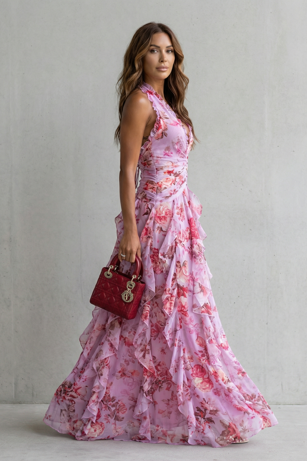 Belladina | Romantic Rose Cascade Halter Maxi Dress