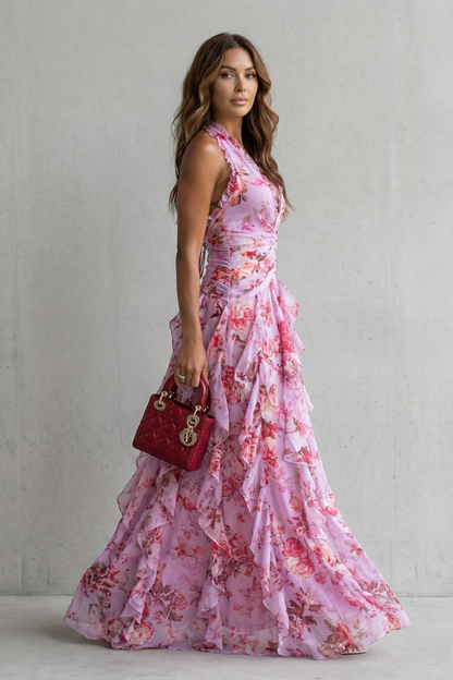 Belladina | Romantic Rose Cascade Halter Maxi Dress