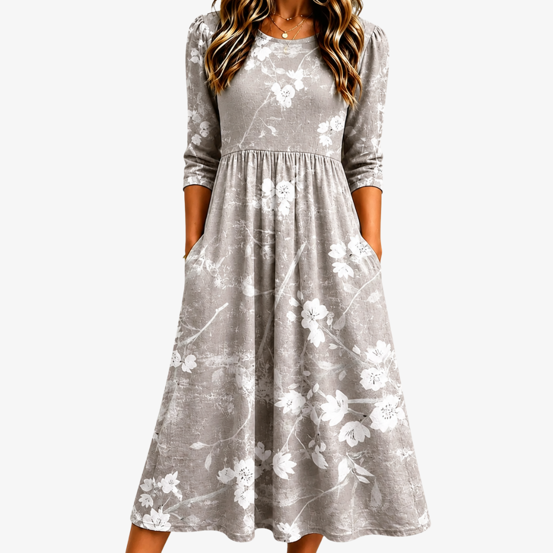 Silver Blossom Grace Pocket Midi Dress