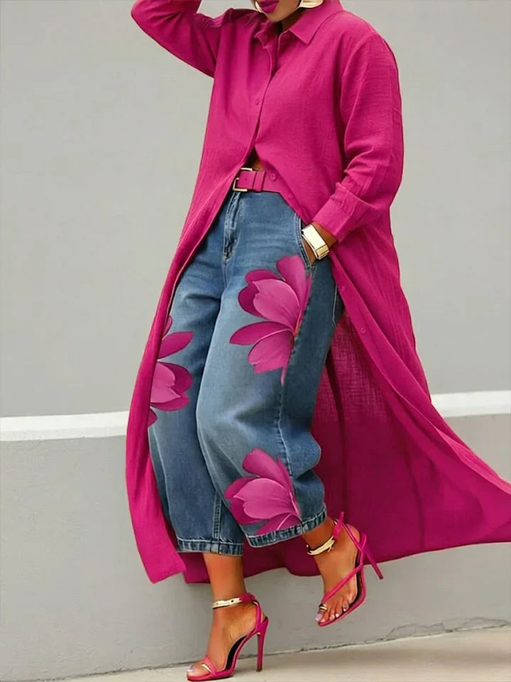 Maud - Linen Shirt Dress and Floral Jeans Set