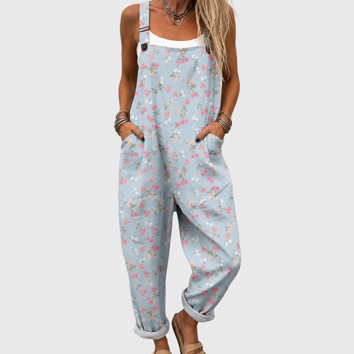 Soft Blue Jumpsuit with Floral Pattern