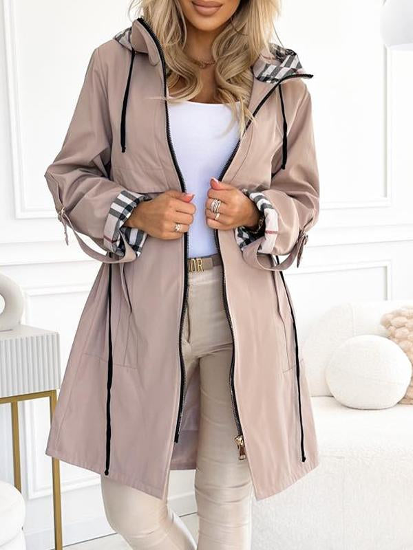 Hooded Plaid Trim Drawstring Long Jacket – Slim Fit Casual Windproof Coat