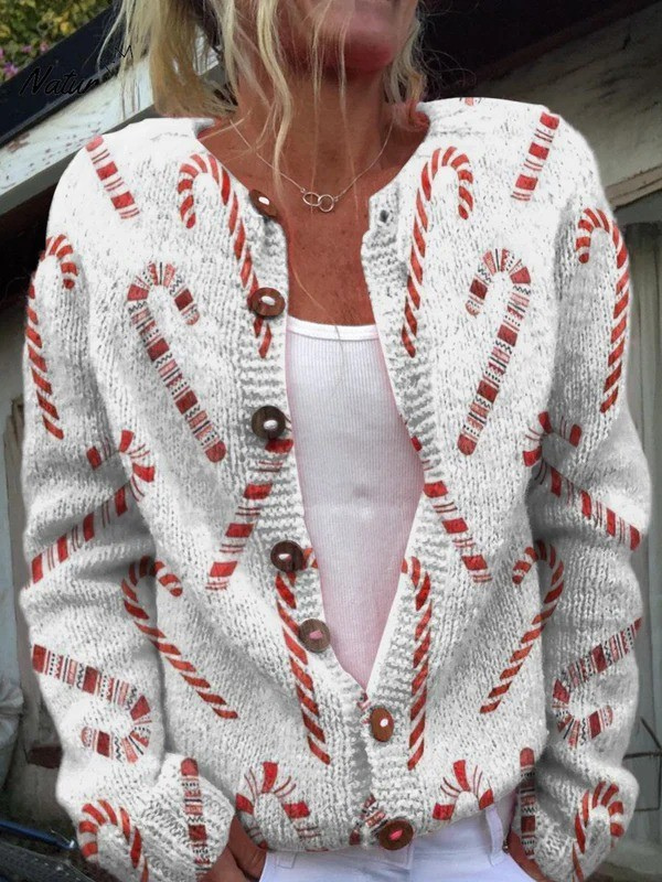 Barbara - Festive Candy Cane Decorative Pattern Buttoned Cardigan Sweater