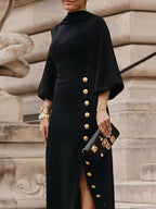 Loose Puff Sleeves Buttoned Split-side Mock Neck Maxi Dresses
