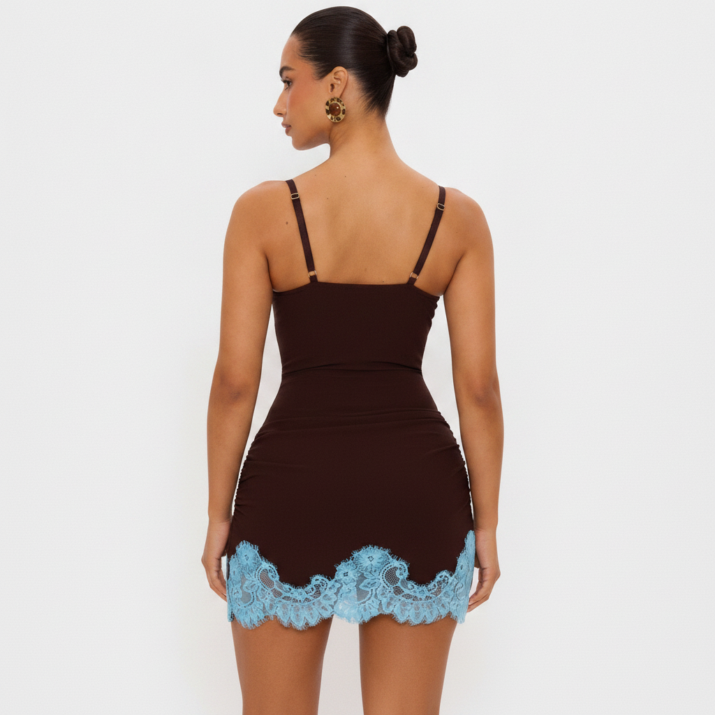 Hailey Brown Mini Dress With Blue Lace Trim