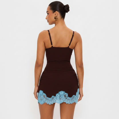 Hailey Brown Mini Dress With Blue Lace Trim