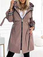 Hooded Plaid Trim Drawstring Long Jacket – Slim Fit Casual Windproof Coat
