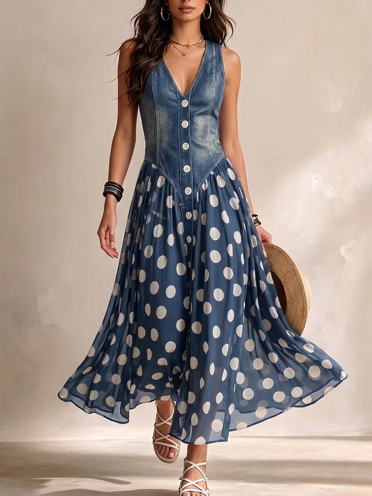 Adeline | Denim Polka Dot Maxi Dress