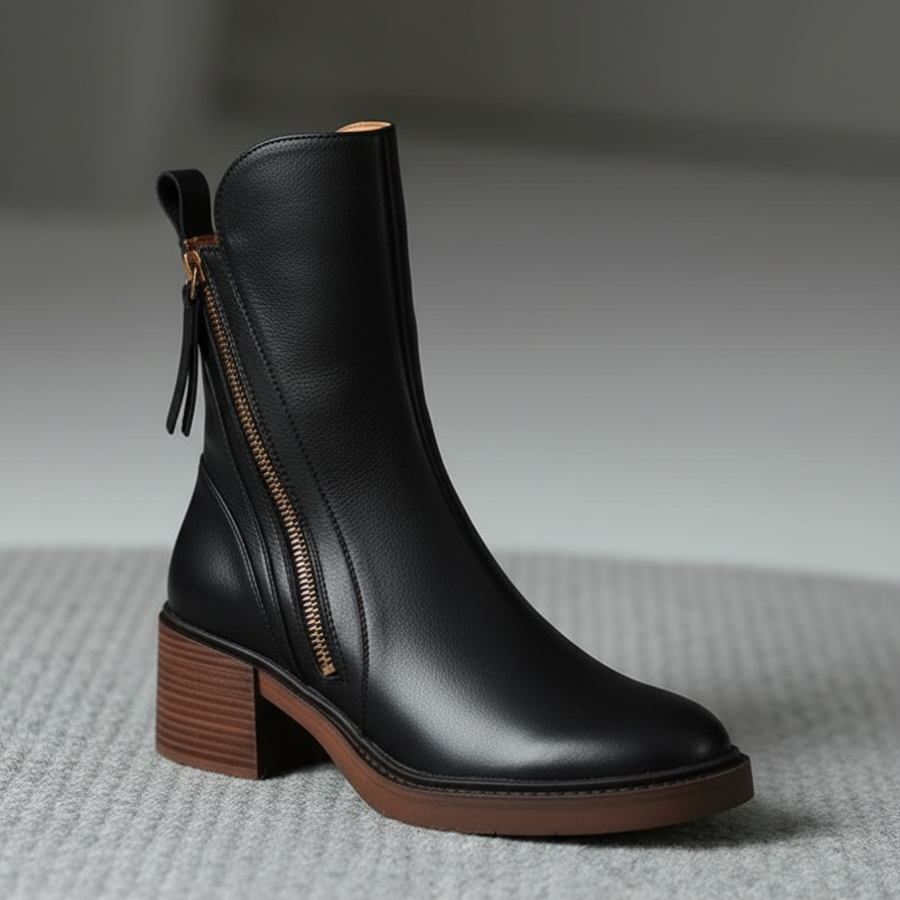 Valorine™ | Black leather boots with a comfortable heel, elegant and timeless.