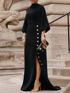 Loose Puff Sleeves Buttoned Split-side Mock Neck Maxi Dresses