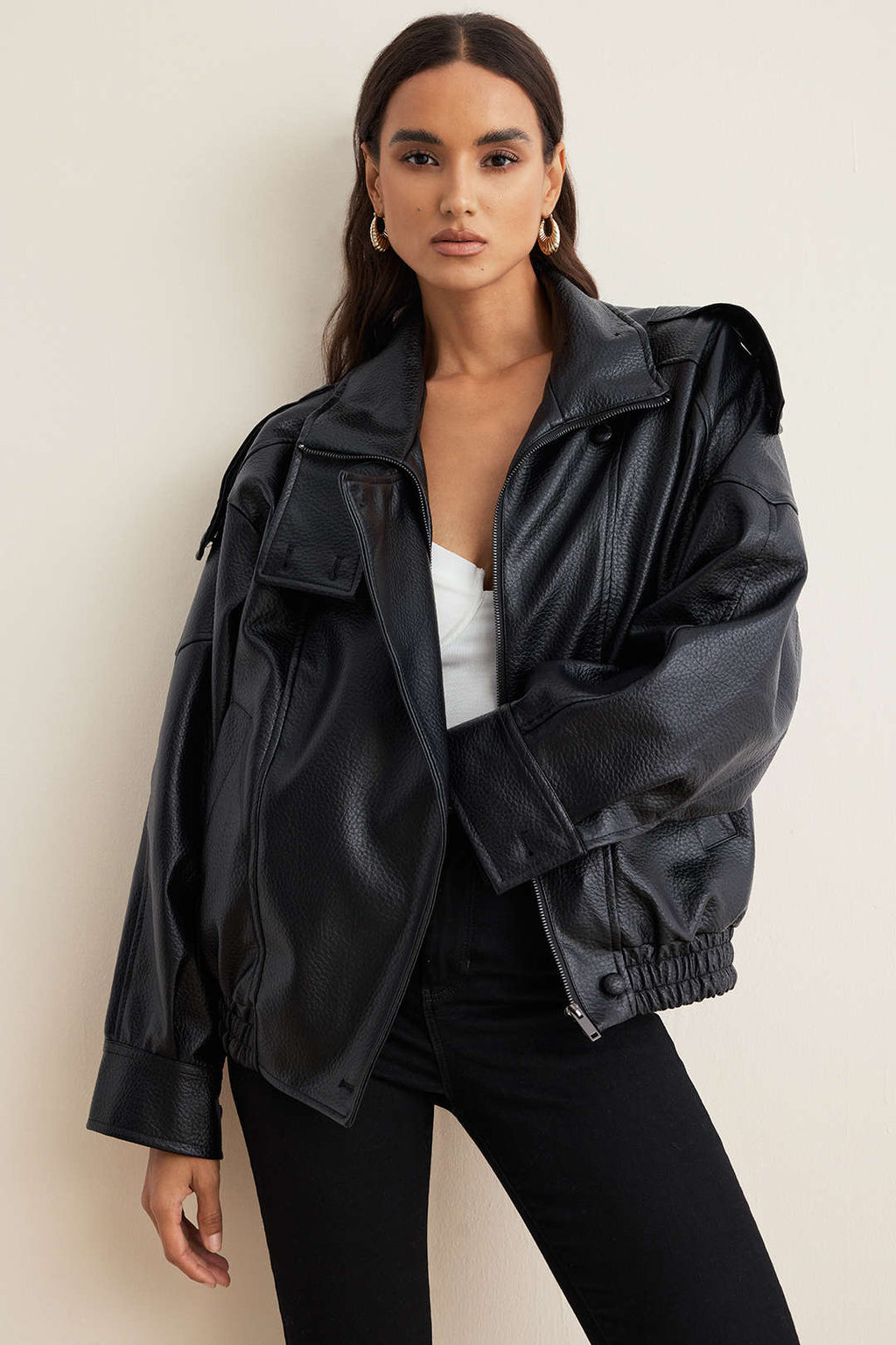Faux Leather Button Jacket