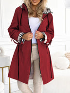 Hooded Plaid Trim Drawstring Long Jacket – Slim Fit Casual Windproof Coat