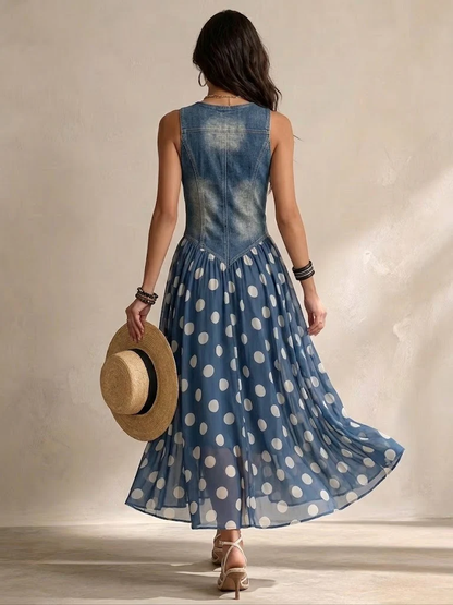 Adeline | Denim Polka Dot Maxi Dress