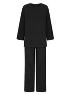 Solid Color Loose Long Sleeve Round Neck Shirt Top + Drawstring Pants Two-Piece Set