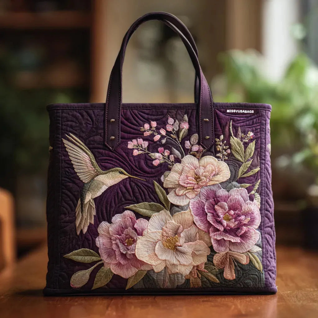 Handcrafted Quilted Purple Bag with Hummingbirds and Orchids