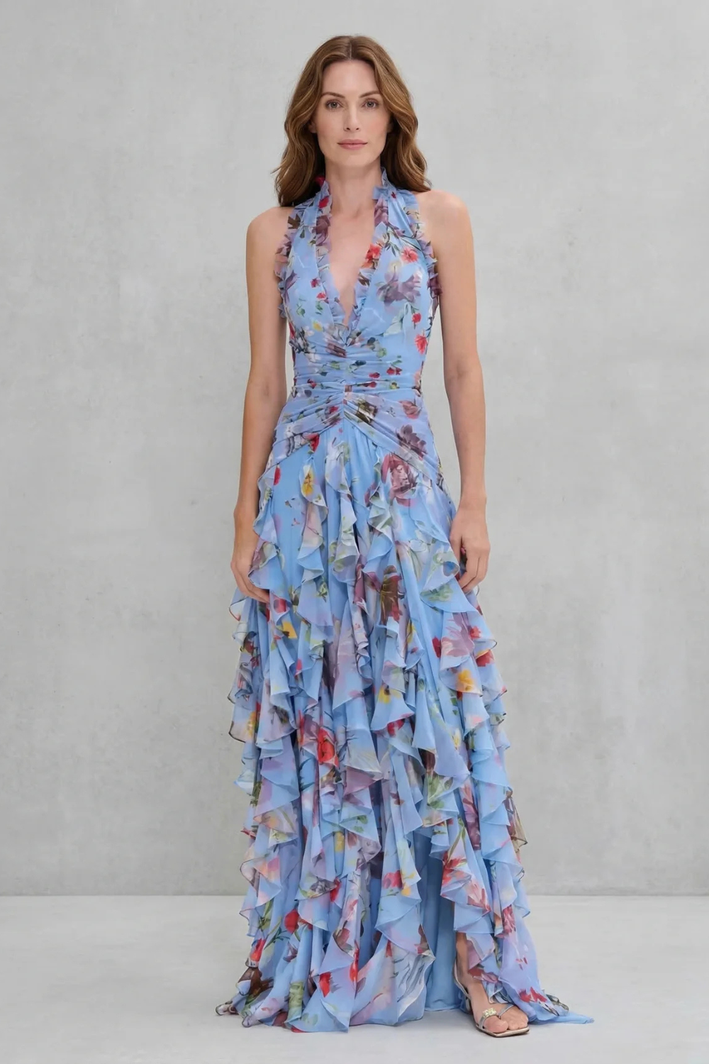 Belladina | Romantic Rose Cascade Halter Maxi Dress