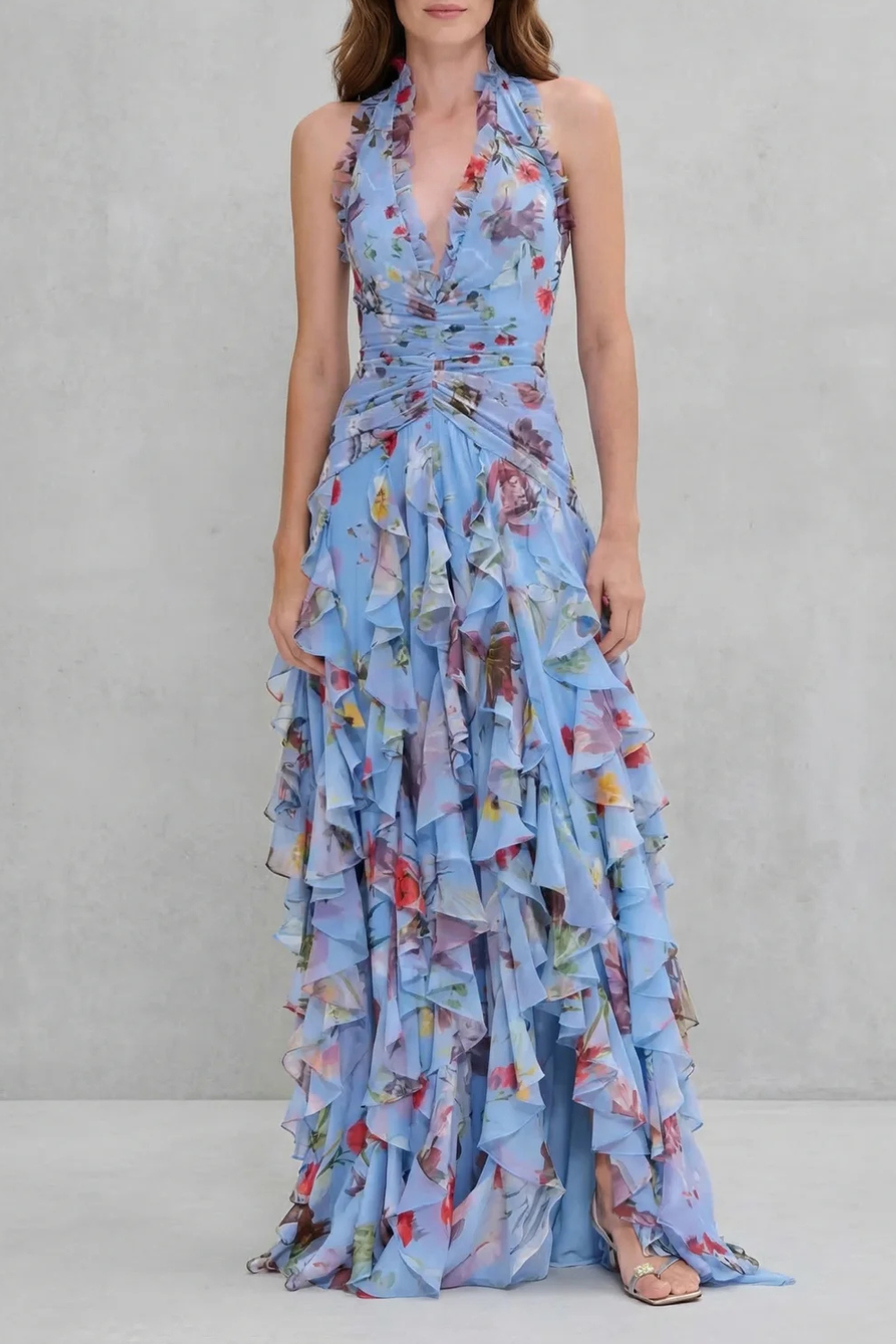 Belladina | Romantic Rose Cascade Halter Maxi Dress