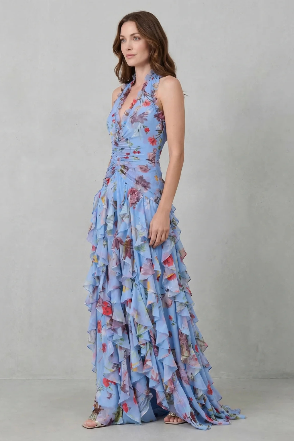 Belladina | Romantic Rose Cascade Halter Maxi Dress