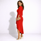 Elegant V-Neck Sheath Midi Dress with Slit Design