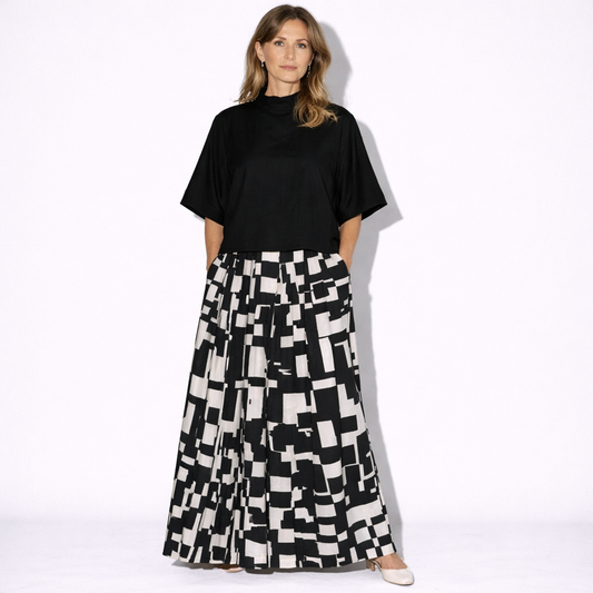 Lunea Mode® | The Noir - Abstract Print Wide Leg Skirt Set with High Neck Top